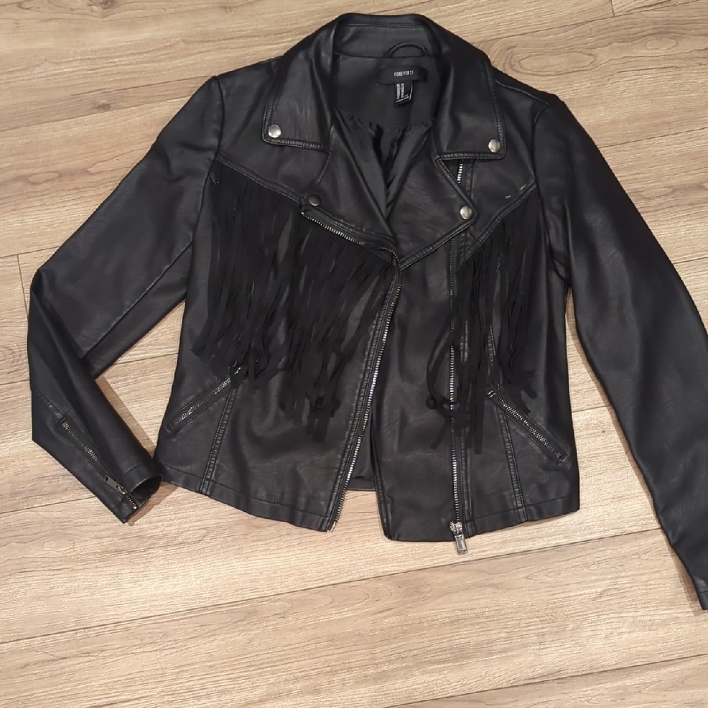 Black Leather Jacket with Fringe
